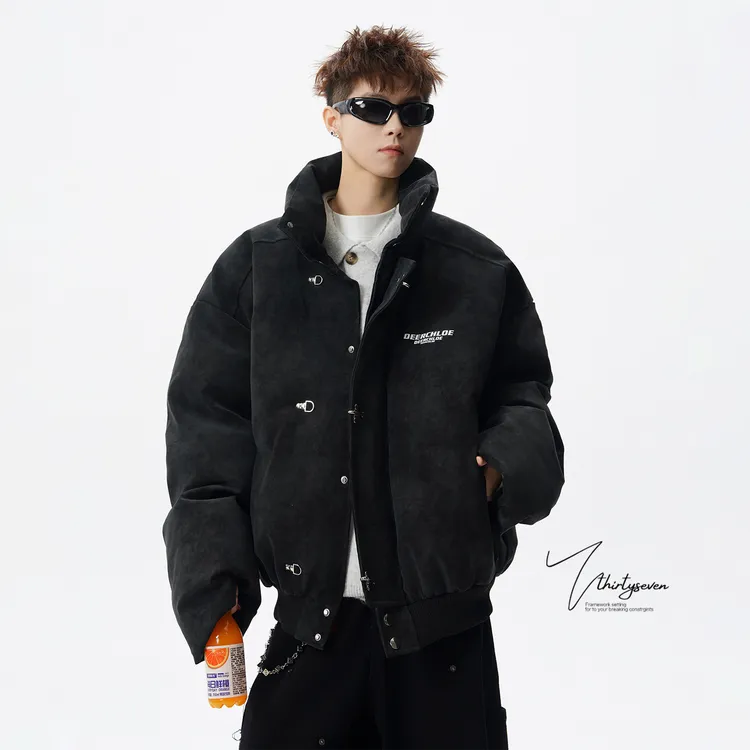 美式扎染PU皮棉服男女冬季时尚夹克保暖面包服短款立领飞机扣棉衣