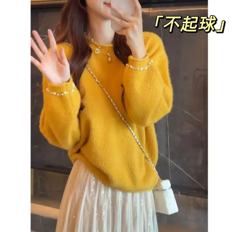 不起球 超重工钉珠卷边毛衣女慵懒风加厚针织衫打底衫