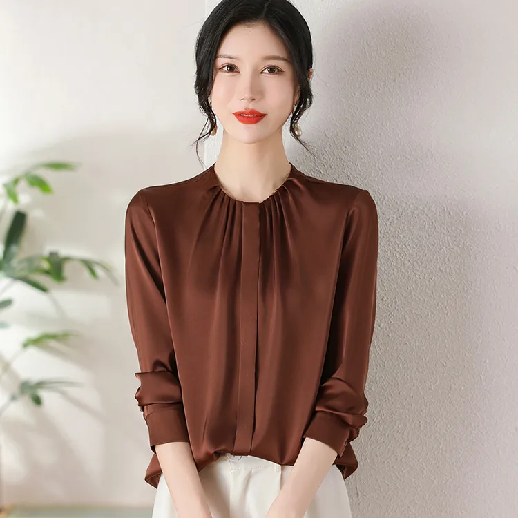 杭州缎面真丝衬衫女士设计感套头圆领长袖桑蚕丝衬衣春秋时尚百搭