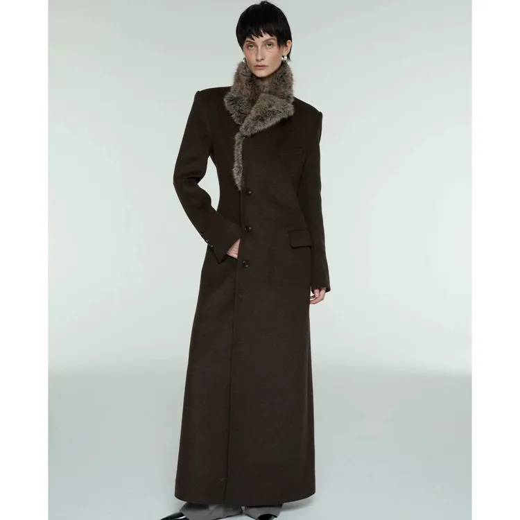 毛领咖色侧门襟大衣冬季毛呢外套 博主同款SIP CLASS