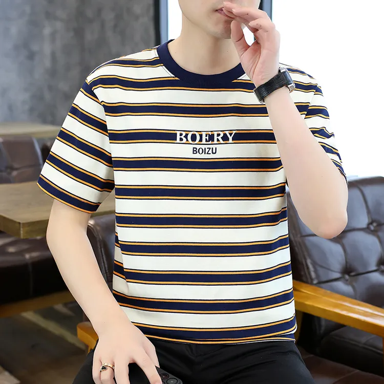 高档圆领条纹短袖T恤男士夏季时尚百搭半袖体恤轻奢男装259908