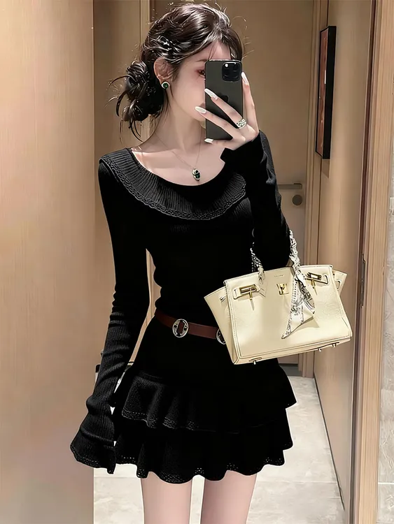 小个子大方得体女神范气质轻奢高级感巨好看的黑色针织连衣裙秋季