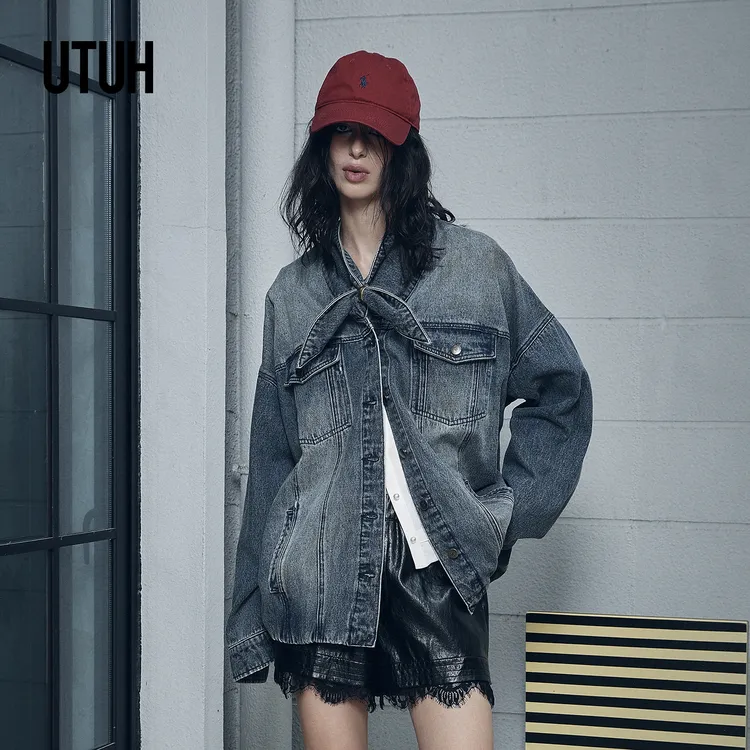 UTUH蓝色美式慵懒风牛仔外套飘带式立领抽褶夹克秋新款TDWWA2W358