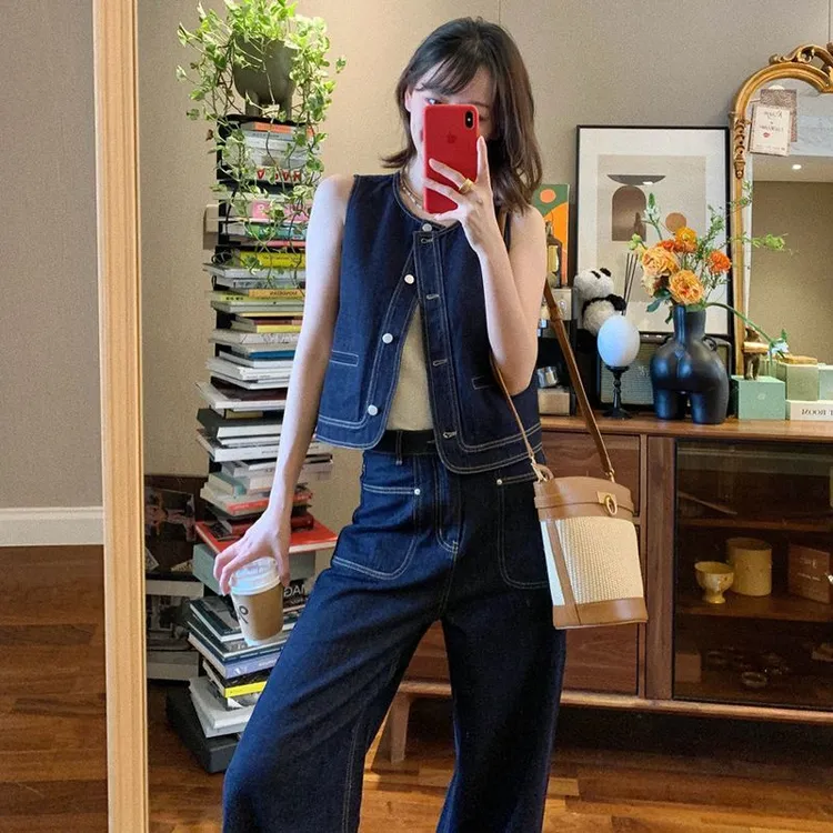 复古腔调简约高腰宽松直筒牛仔裤叠穿时髦短款牛仔马甲
