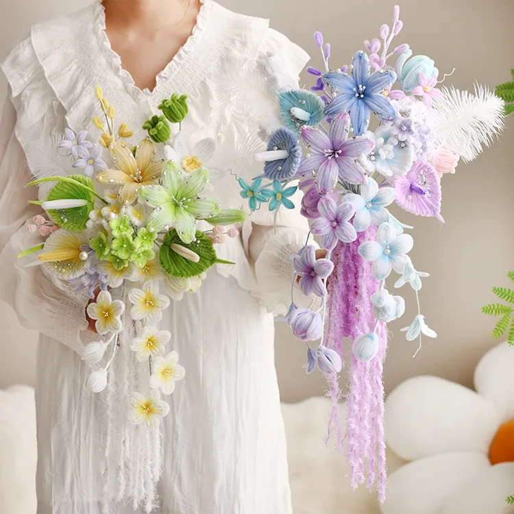 网红瀑布新娘手捧花扭扭棒花束手工diy材料包百合玫瑰仿真花礼物