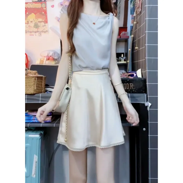 MARIE.COCO温柔纯欲风浅蓝色无袖扭结吊带背心上衣醋酸半身裙套装