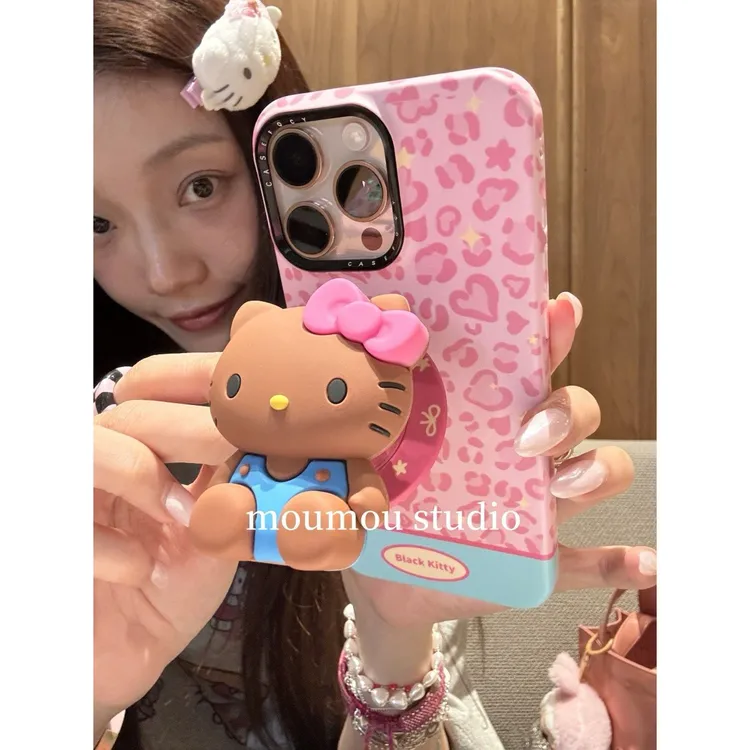 小汤专属粉豹纹黑皮可爱猫咪磁吸支架适用iPhone17promax苹果16手机壳15女
