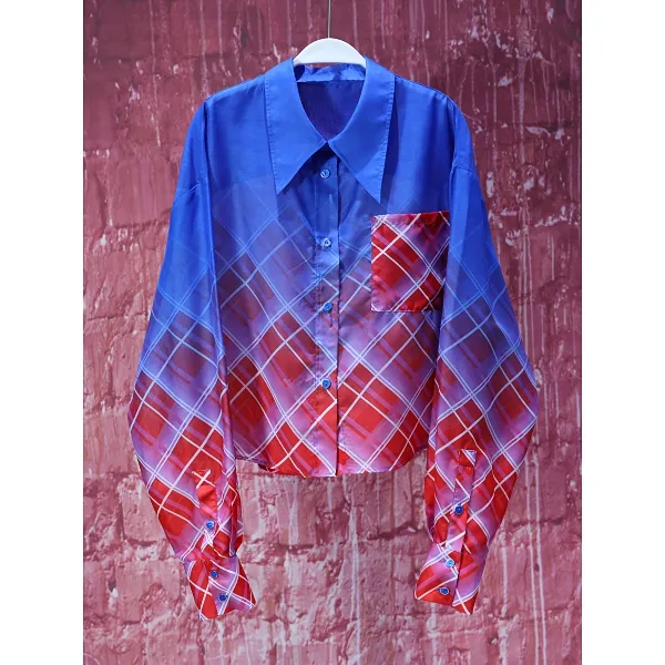 【韩哥女装】夏季蓝色渐变晕染菱形格时尚休闲轻薄小众阔版衬衫8259