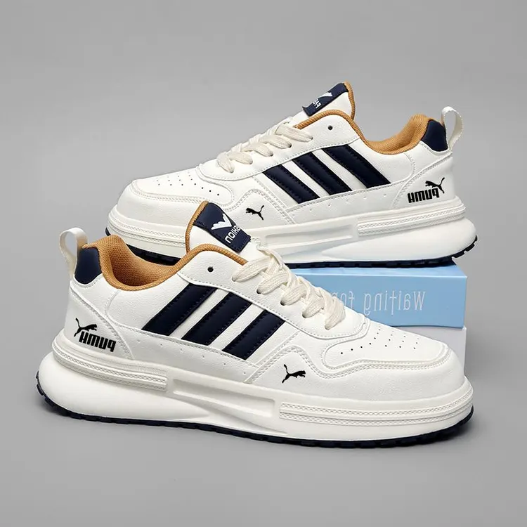 潮牌时尚印花板鞋男士夏季三条杠运动厚底男鞋高档皮面透气休闲鞋