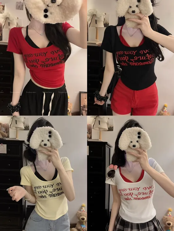 辣妹假两件百搭印花韩版ins短袖T恤短款设计感美式修身短袖带胸垫