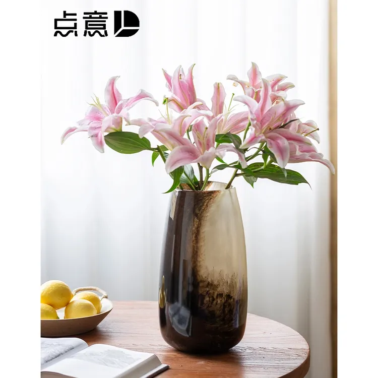 花瓶渐变直筒琉璃法式鲜花百合中古黄棕不规则侘寂高级感复古拼色