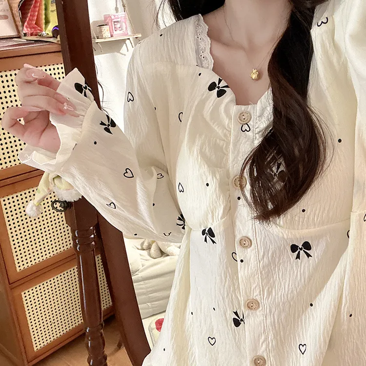 韩版黑色蝴蝶结睡衣少女春秋季泡泡棉长袖长裤甜妹ins家居服套装