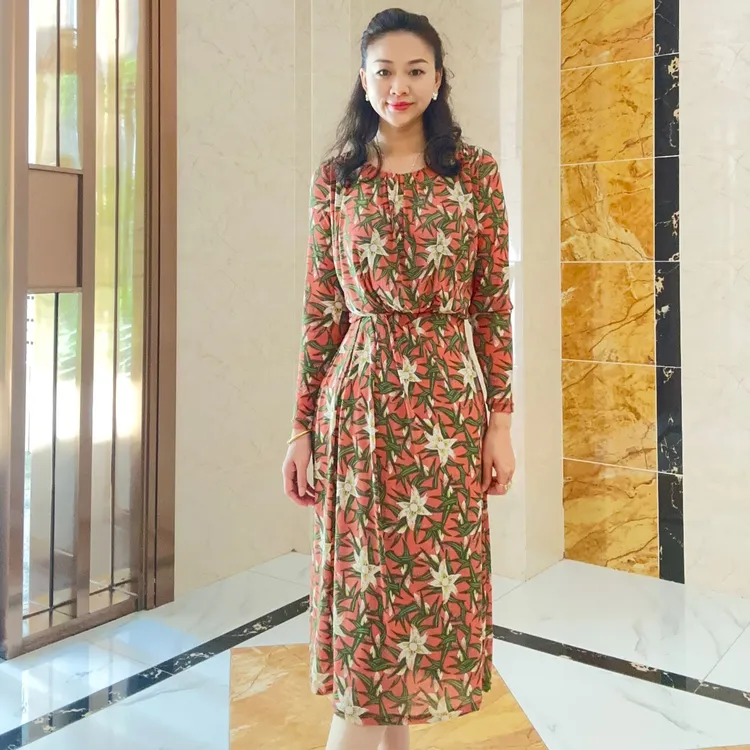 2025新品主播原创设计高级优雅气质修身弹力网纱高腰印花连衣裙