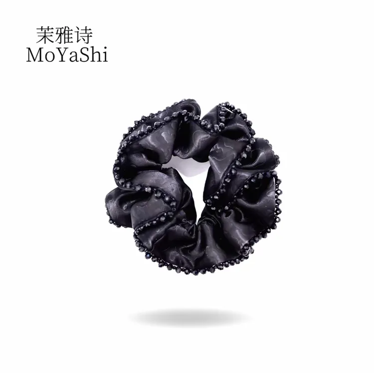 韩版新款【印花】缎面印花手工串珠高级感发圈时尚百搭黑色发绳头饰