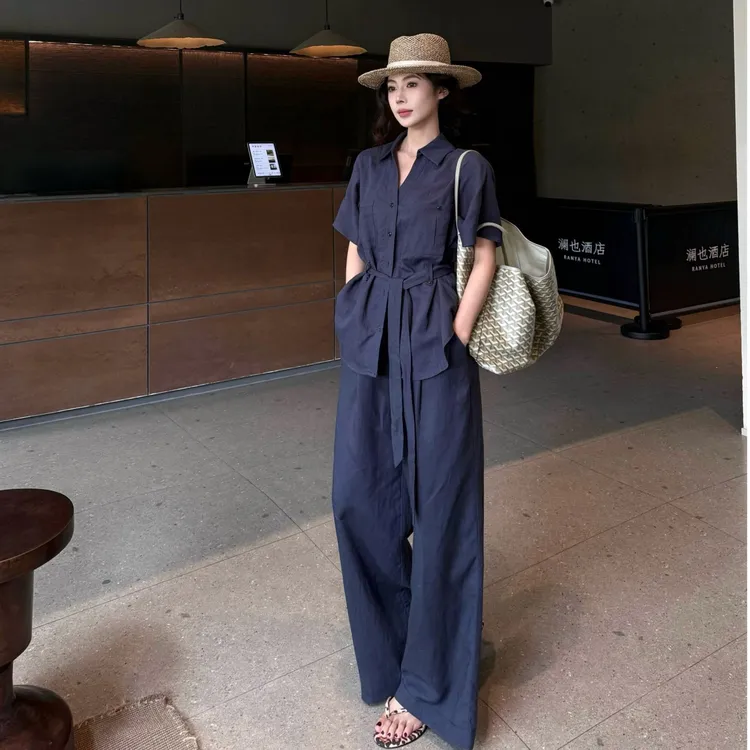 【娇娇专属】休闲工装翻领老钱风套装短袖衬衫高腰阔腿裤两件套装