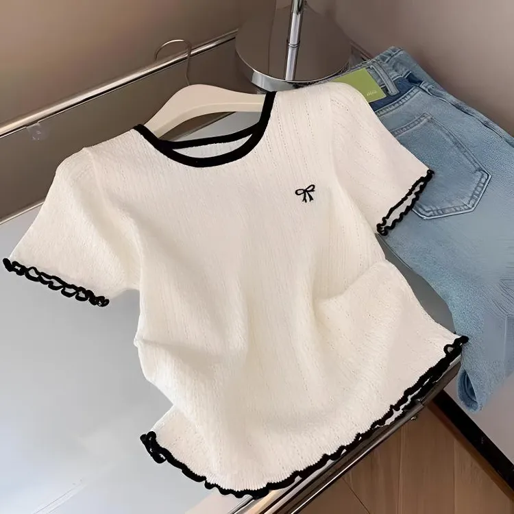 20225爆款冰丝针织上衣显瘦撞色刺绣女推荐t恤蝴蝶结夏季短袖修身