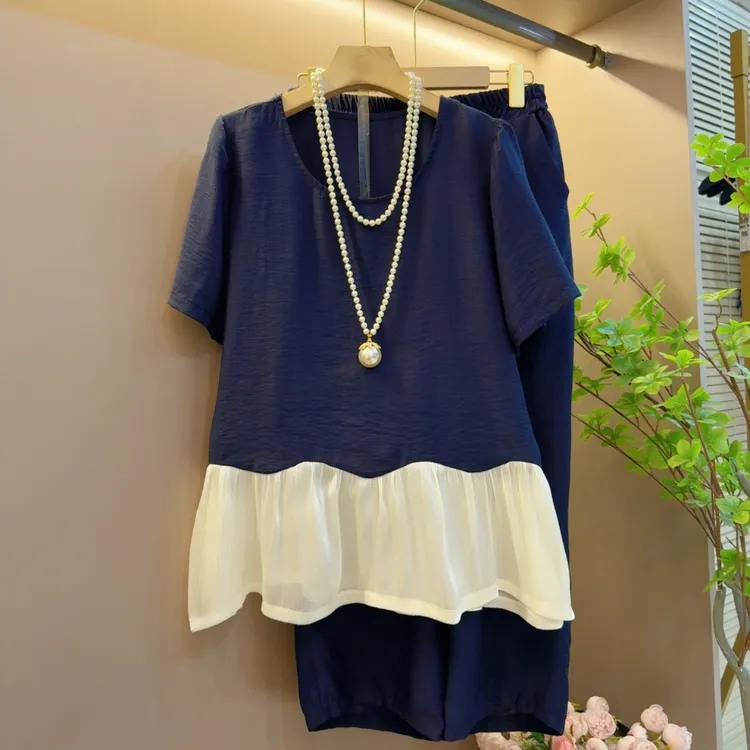 气质欧货新款拼接设计感显瘦百搭夏季长裤两件套（衣长61左右）