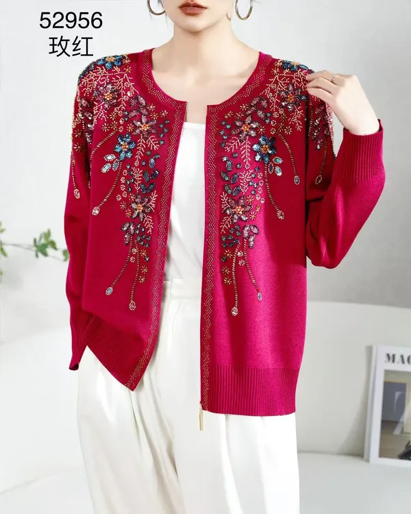 轻奢中老年针织衫开衫春秋时尚百搭宽松玫红绣花春秋长袖大码洋气
