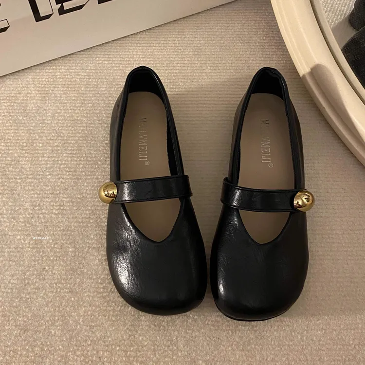黑色法式复古浅口一脚蹬单鞋2025夏季新款百搭圆头平底玛丽珍鞋女