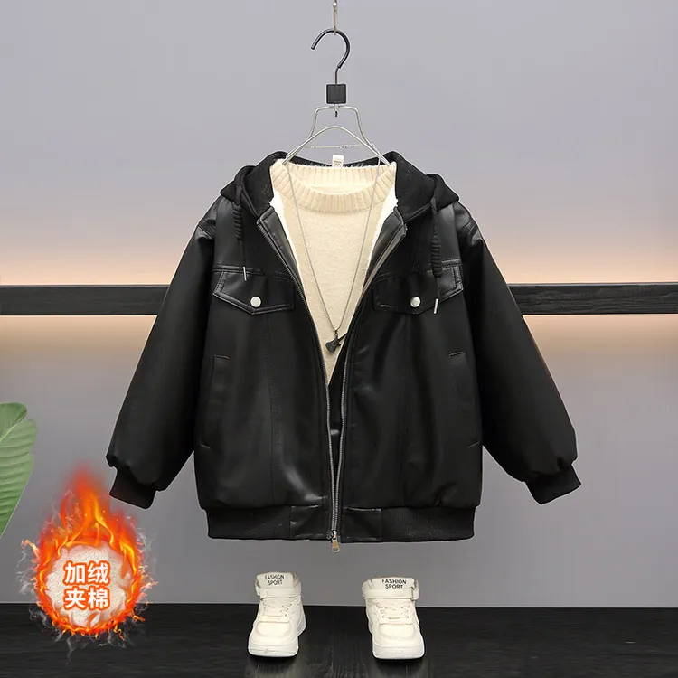 男童加绒夹棉皮衣2025秋冬装新款中大童男孩连帽加厚外套皮夹克
