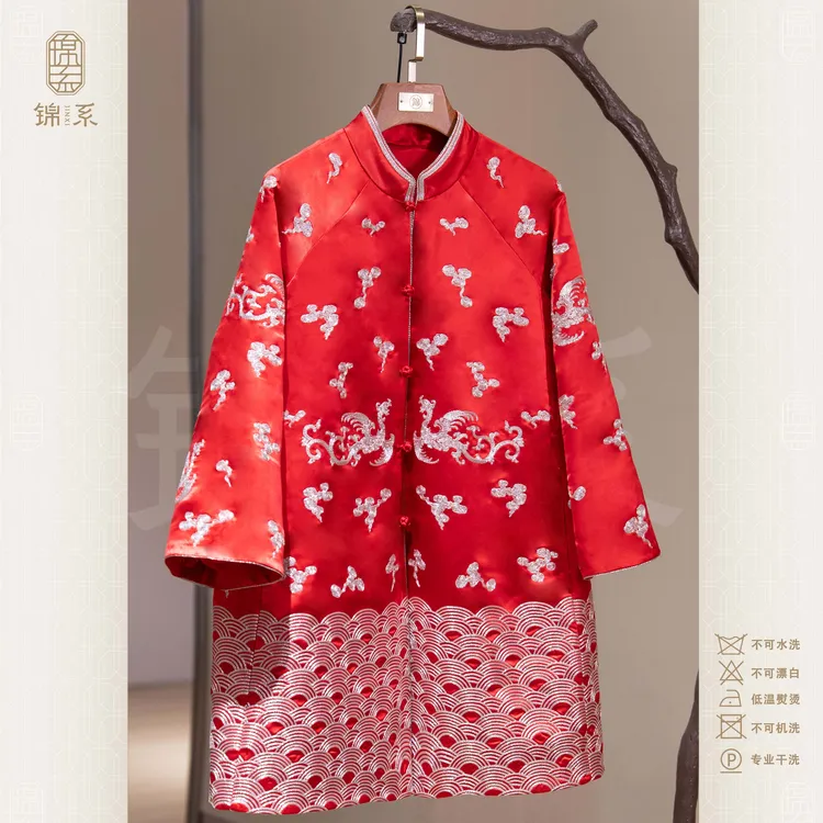 【锦系】丝毛缎新中式国风桑蚕丝绣花立领直襟加棉长袖外套E-383325