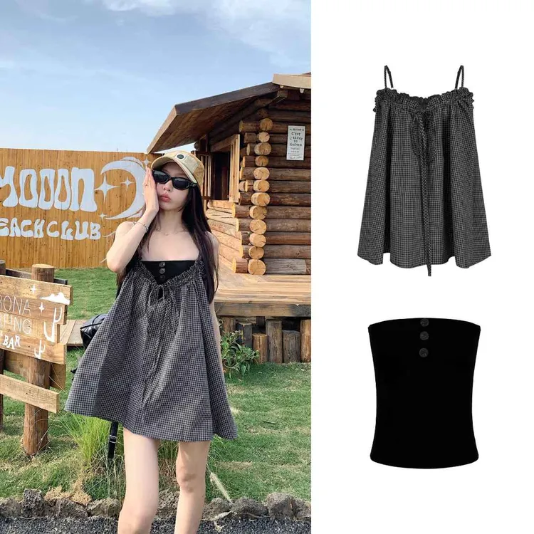 真两件设计格子木耳边抹胸吊带上衣H 8675# 