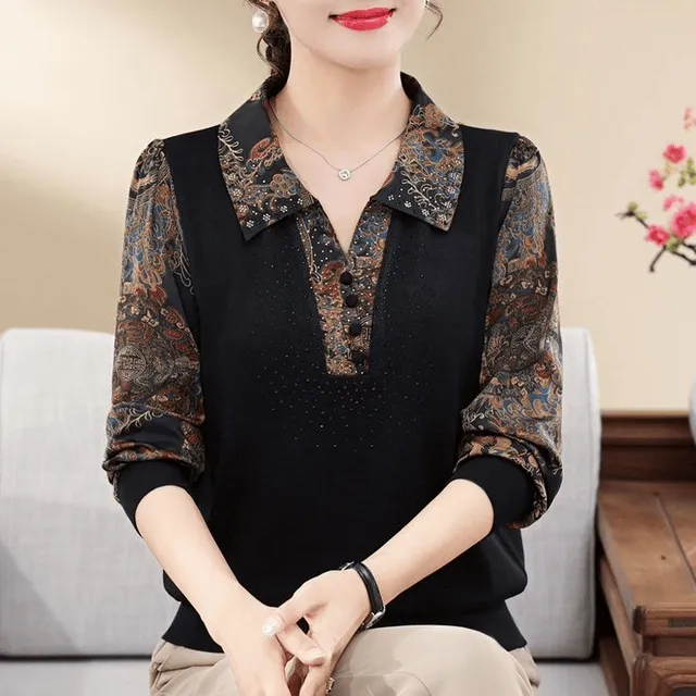 2025新款妈妈秋装长袖T恤高贵小衫中老年女装洋气拼接上衣打底衫