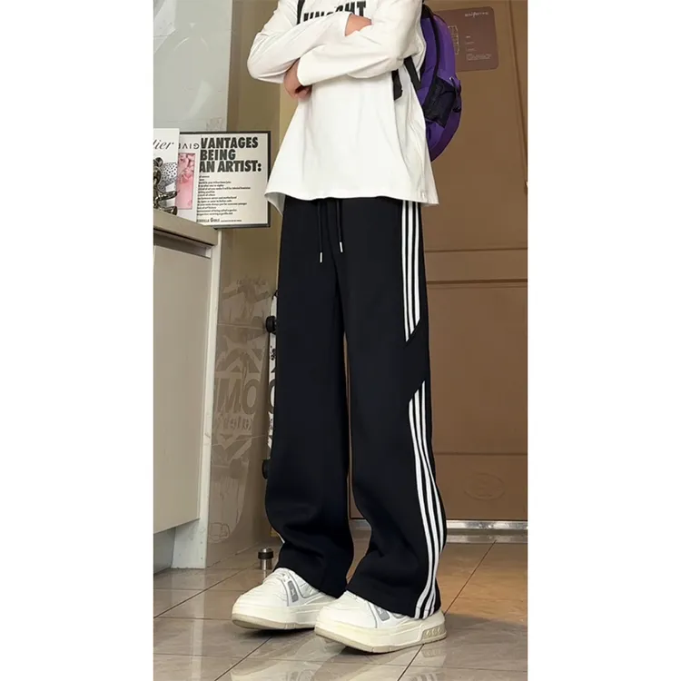 黑色百搭条纹休闲卫裤男秋慵懒风垂感裤直筒裤hiphop潮牌宽松长裤