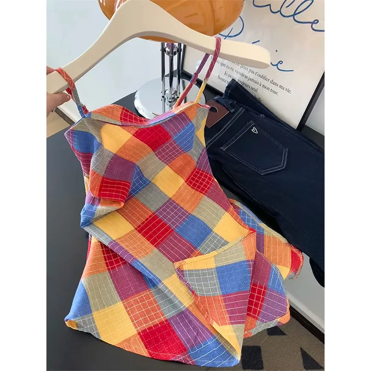 多巴胺彩色格子吊带背心女夏季甜辣妹不规则气质收腰修身无袖上衣