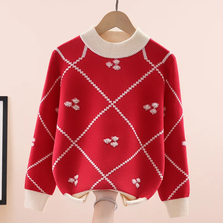 100%羊毛加厚女童毛衣圆领冬季保暖儿童羊毛衫洋气女孩针织打底衫