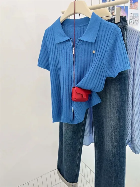 韩系chic蓝色Polo翻领针织短袖t恤女夏季超好看漂亮短款正肩上衣 