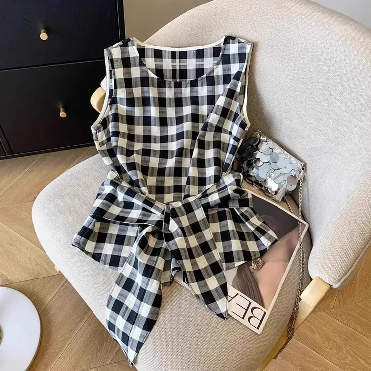 时尚减龄绑带收腰无袖格子衬衣女夏季新款小众百搭显瘦背心上衣潮