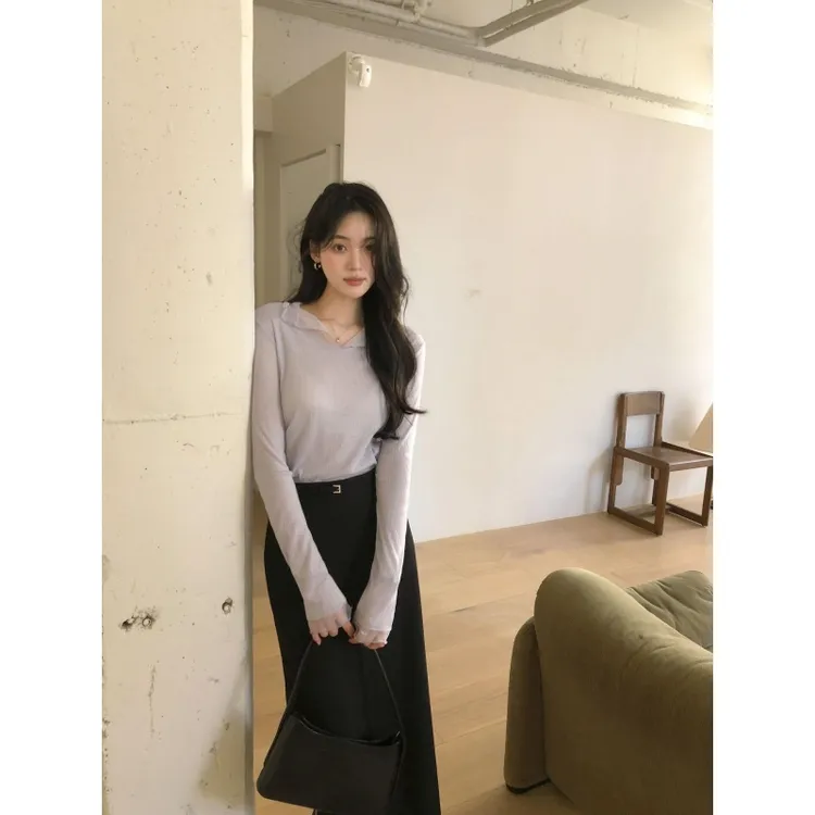 韩系纯欲气质修身显瘦百搭长袖上衣秋季新款高腰温柔风半身裙套装