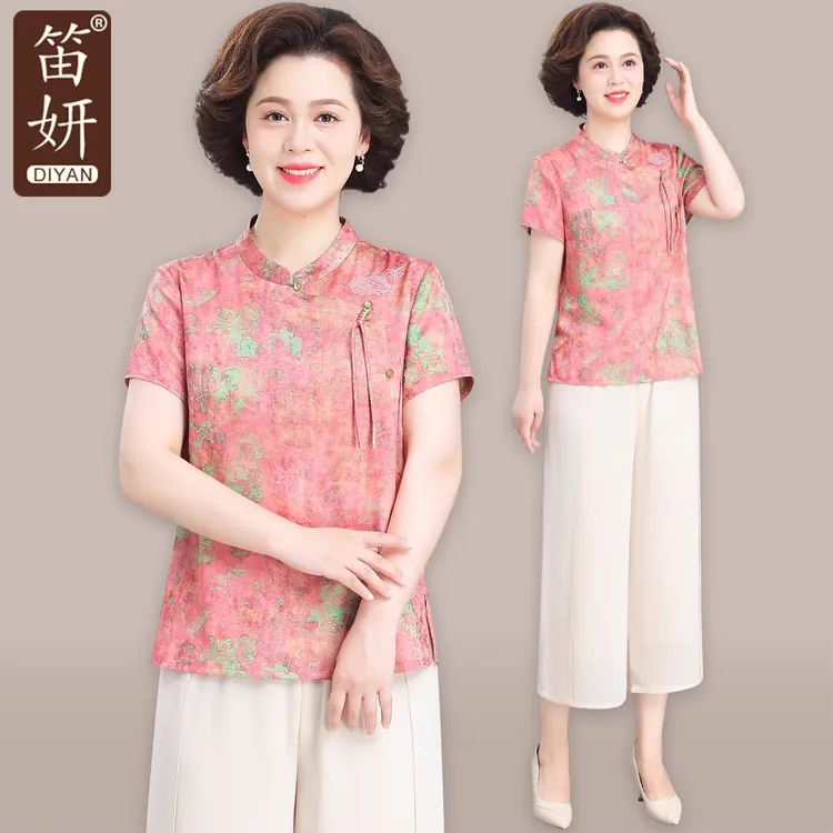 妈妈装夏短袖上衣中老年人衣服夏季女装奶奶国风斜襟T恤小衫套装