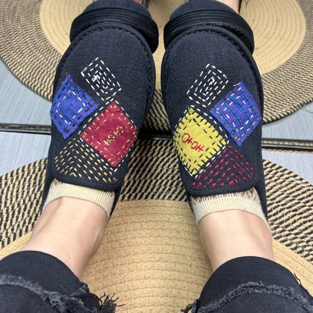 HT 原创春秋手工百家布亚麻一脚蹬圆头千层底单鞋