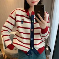 H41条纹拼色毛衣外套女新款慵懒风宽松针织开衫
