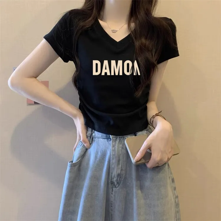 不规则褶皱V领短袖t恤女夏季设计感修身短款小个子正肩体恤上衣