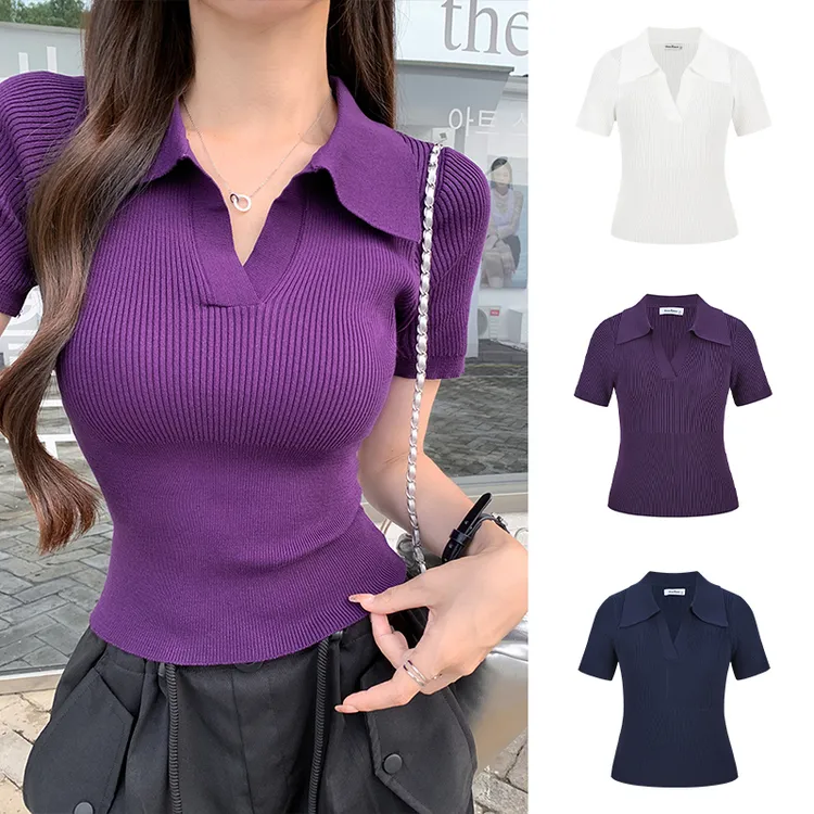 Moses Queen/魔西女王翻领针织衫收腰短袖T恤夏时髦凉感正肩上衣