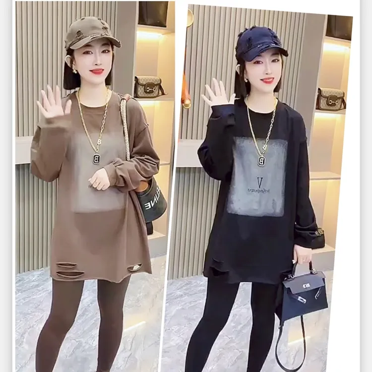 欧货时尚圆领中长款T恤外穿上衣设计网红爆款炸街通勤长袖洋气显