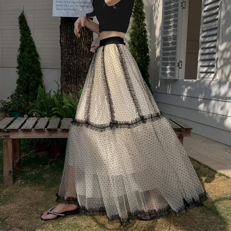 2025新款实拍春夏法式甜美波点拼接网纱半身裙子蓬蓬小伞裙高腰大