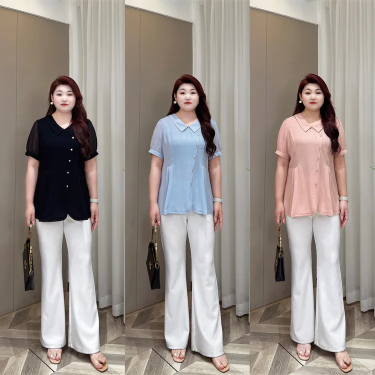 上衣【悦林大码】PMM81852夏季新款遮肉显瘦百搭收腰短袖衬衫