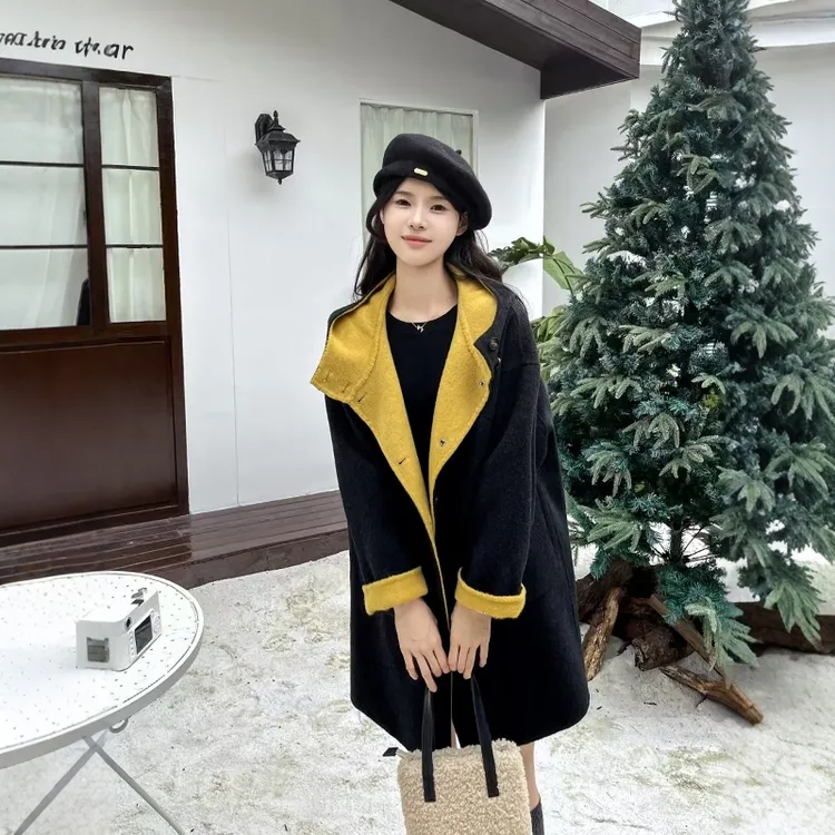 高端连帽双面羊绒大衣女2025秋冬新款韩系宽松撞色减龄羊毛呢外套