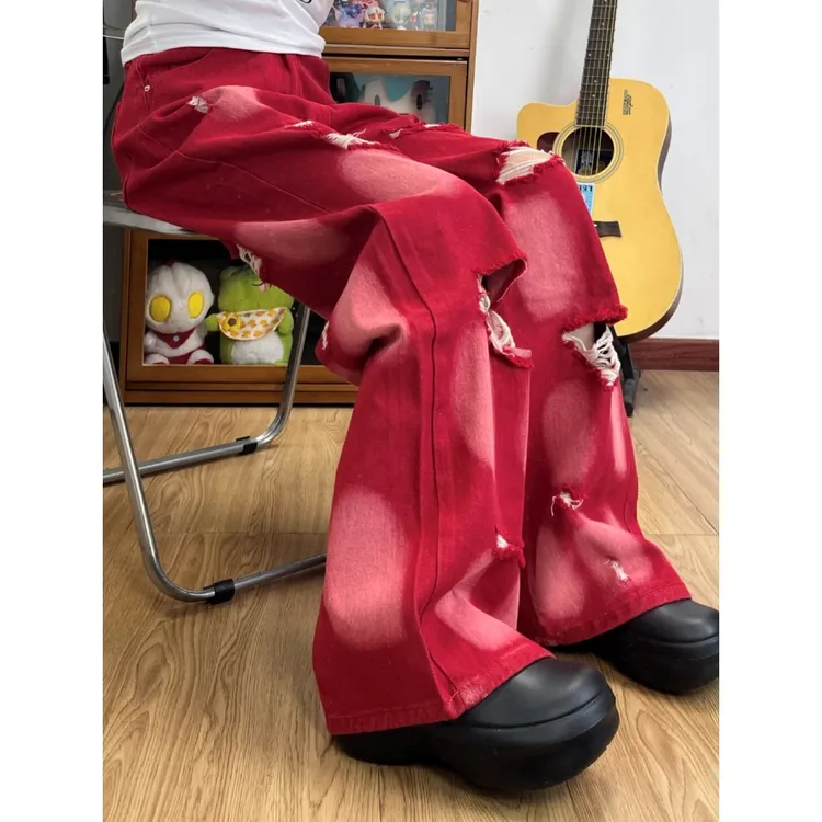 美式复古辣妹破洞阔腿牛仔裤女2025夏季高街扎染宽松显瘦拖地长裤