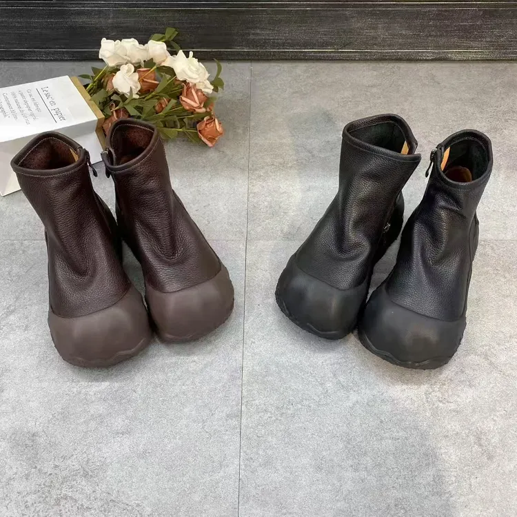 新款舒适轻便百搭复古手工圆头短靴女鞋 A 4052-2