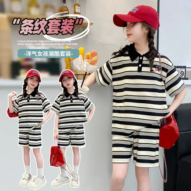 女童翻领背心Polo衫套装夏季小女孩帅气条纹刺绣POLO衫条纹两件套