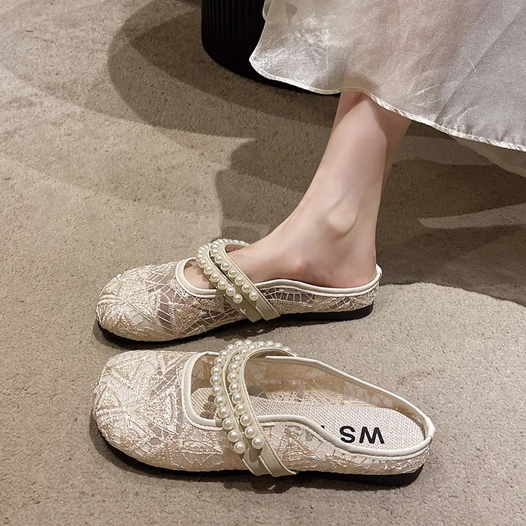 网纱透气包头半拖鞋女2024新款夏季外穿时尚平底法式玛丽珍凉拖潮