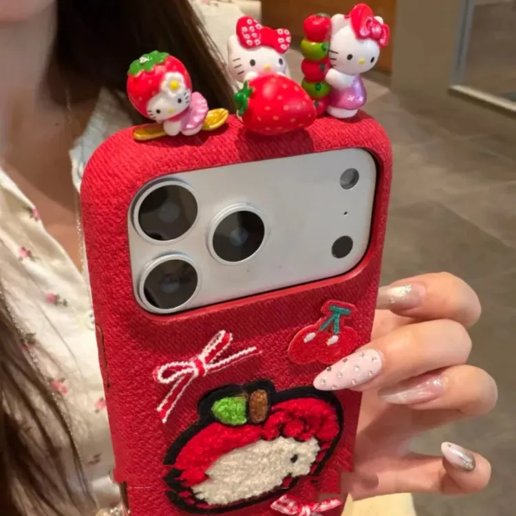 ins风立体草莓刺绣kitty适用苹果17ProMax手机壳保护套16pro/1514