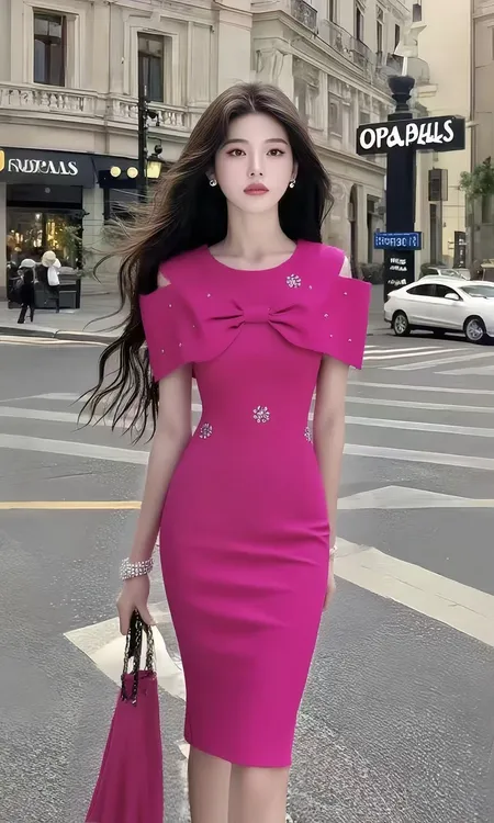 新款轻奢优雅玫红色圆领短袖修身收腰包臀连衣裙女氛围感时尚女装