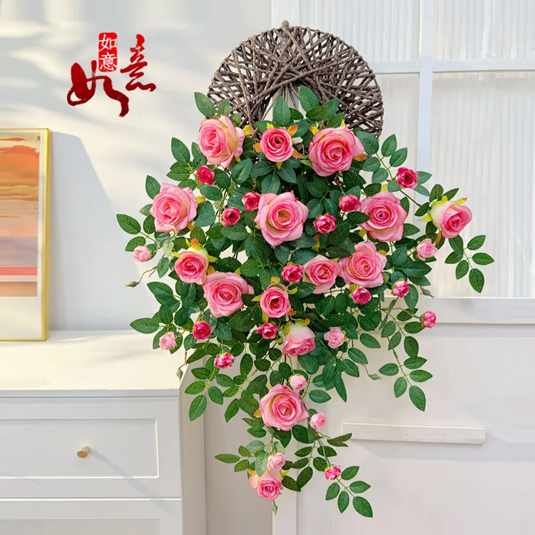 【送飞盘】高级仿真如意玫瑰花壁挂客厅室内墙面装饰吊兰小花墙打造