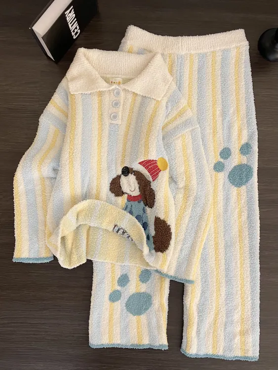 【DMXJ大梦想家】可爱条纹小狗半边绒睡衣女秋冬新款保暖居家服套装